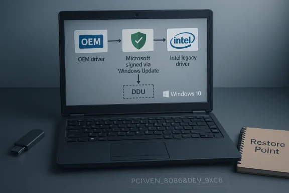 Laptop displays a driver-flow diagram: OEM → Microsoft-signed via Windows Update → Intel legacy driver; DDU, Windows 10.