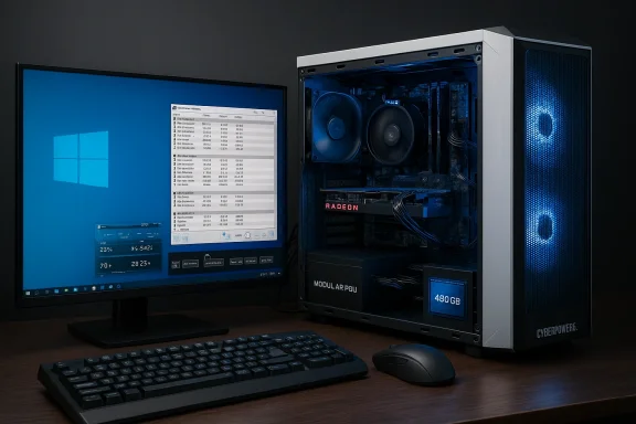 Blue-lit CyberPowerPC gaming desktop with a Radeon GPU beside a Windows monitor and keyboard.