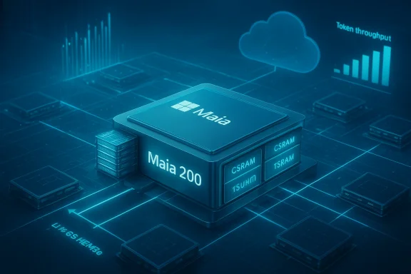 Blue, futuristic Maia 200 chip with RAM blocks and cloud token-throughput indicators.