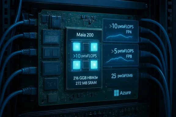 Maia 200 HPC card in a server rack with blue-lit petaflop performance readouts.