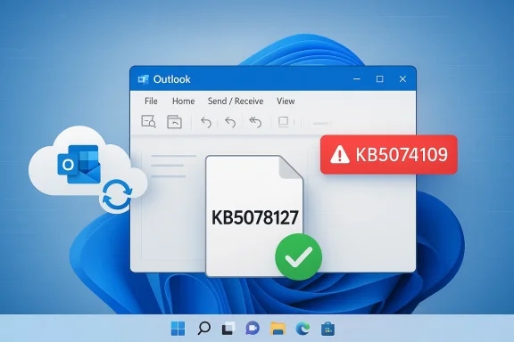 Windows desktop showing Outlook, cloud sync icon, red KB5074109 alert, and green-checked KB5078127 document.