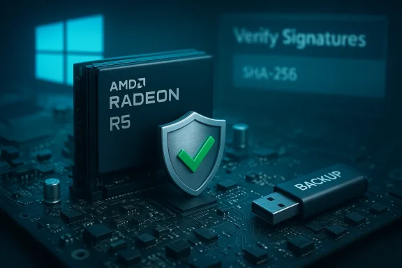AMD Radeon R5 GPU on a motherboard, shield with a green check signaling security, beside a backup USB drive.