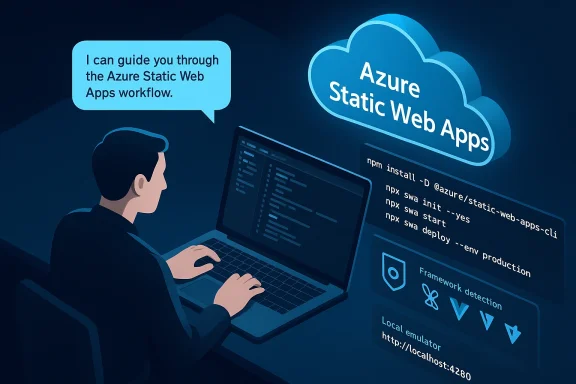 A coder at a laptop works on Azure Static Web Apps, with cloud graphics and code on screen.