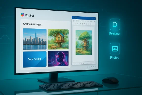 A sleek desk setup with a monitor showing Copilot's image-creation UI, beside teal-wall icons for Designer and Photos.