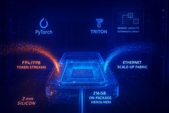 Futuristic AI accelerator chip with glowing blue streams and PyTorch/Triton branding.