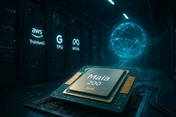 Maia 200 3nm processor in a data-center rack beside cloud logos and a glowing network globe.