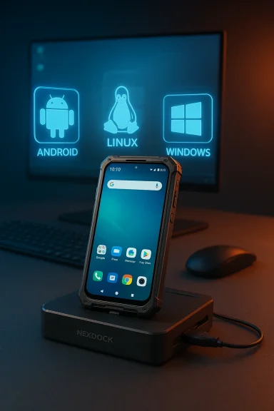A rugged Android phone docks into a NexDock, with neon Linux/Android/Windows icons glowing on the screen.