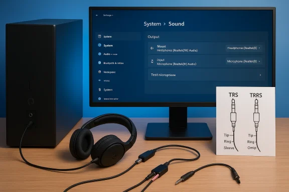 Desktop setup with monitor showing system sound settings, headphones, and cables beside a TRS/TRRS diagram.