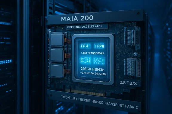 A MAIA 200 inference accelerator module installed in a server rack.