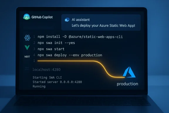 GitHub Copilot AI assists deploying an Azure Static Web App via SWA CLI. GitHub Copilot AI assists deploying an Azure Static Web App via SWA CLI.