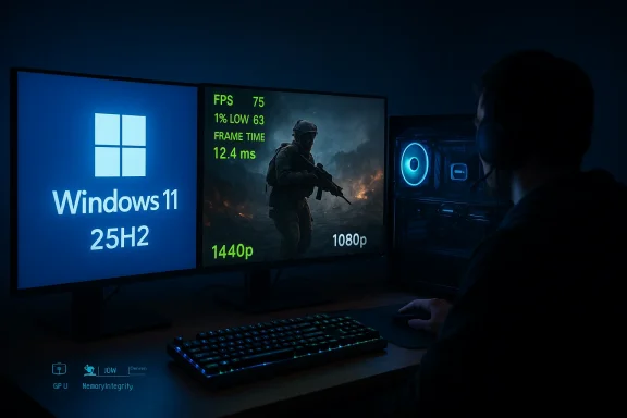 Gamer at a desk with Windows 11 on one monitor and a soldier shooter on the other.
