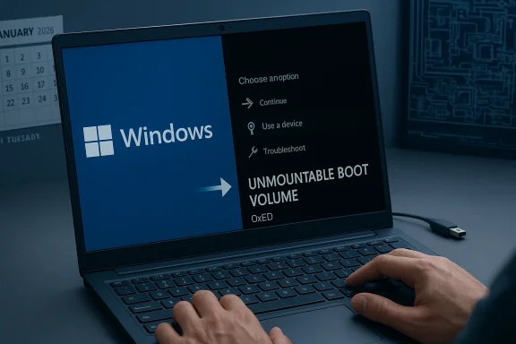 Laptop showing Windows boot screen with an “Unmountable Boot Volume” error.