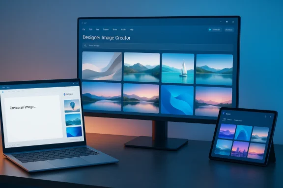 A multi-device workspace with a designer image creator shown on a desktop monitor, laptop, and tablet.