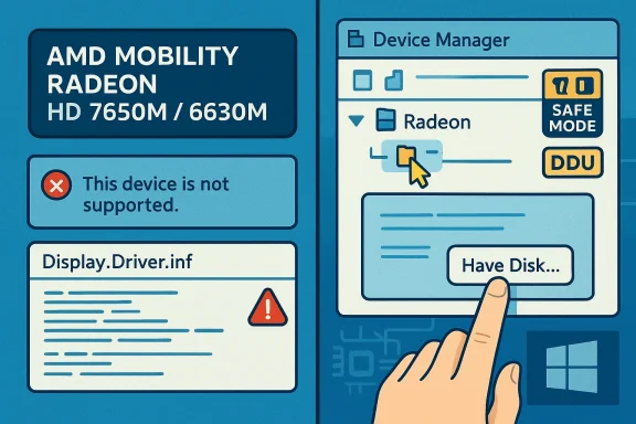 Windows driver dialog shows AMD Mobility Radeon not supported, with Have Disk option.