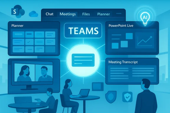 Blue Teams collaboration hub with chat, meetings, files, planner, and transcripts.