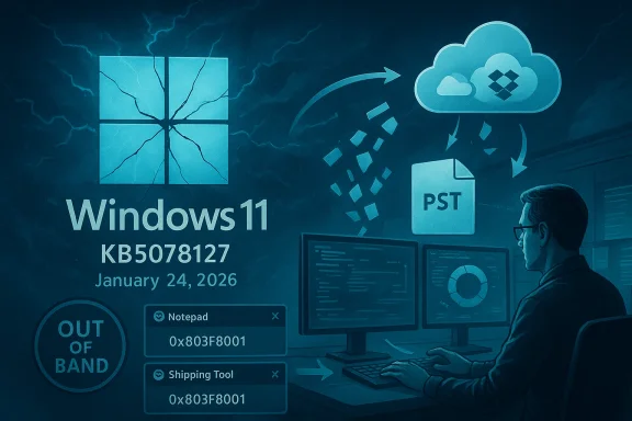 Illustration of Windows 11 patch KB5078127, with cloud PST transfer and a coder at dual monitors.