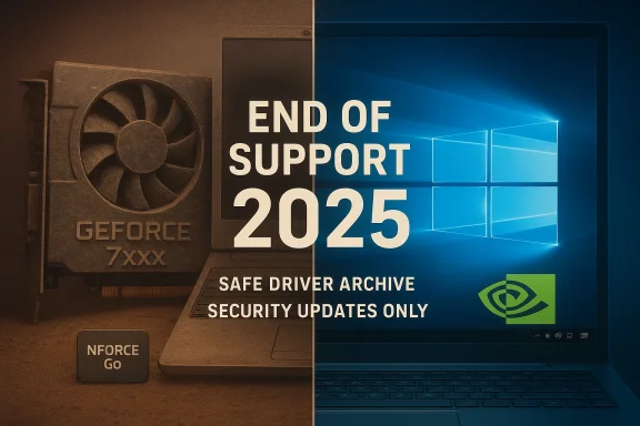 Two-panel image: GeForce GPU on the left and Windows end-of-support 2025 on the right.