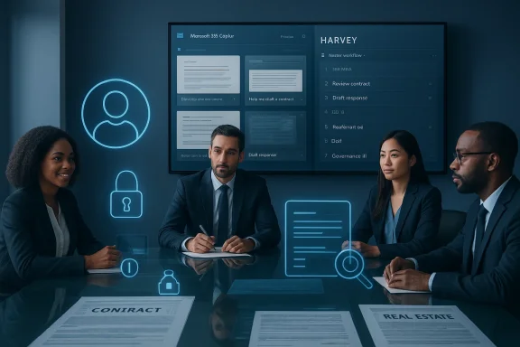 Four professionals in business attire sit around a glass table with holographic blue UI icons.