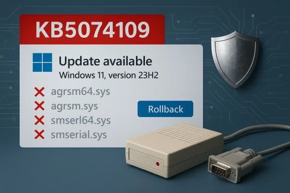 Windows 11 update 23H2 (KB5074109) available; several sys drivers fail, rollback option included.