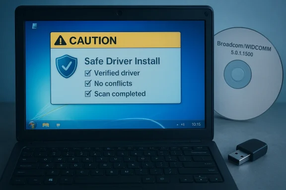 Laptop screen shows a “Caution: Safe Driver Install” dialog with check marks; a driver CD sits nearby.