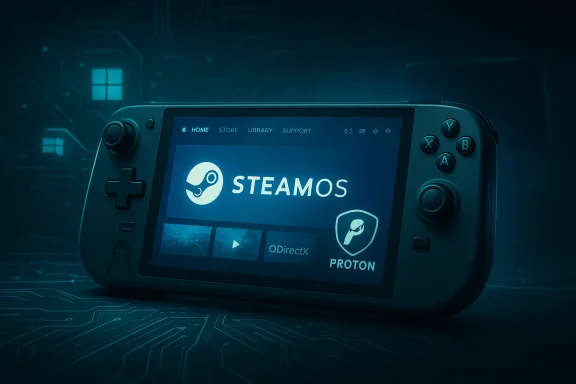 A handheld gaming console screen displaying SteamOS and Proton logos.