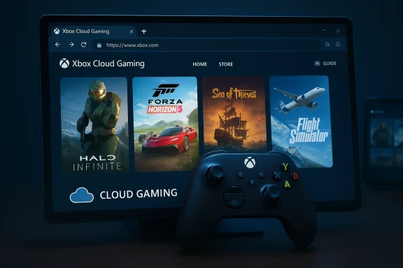 Xbox Cloud Gaming homepage showing game tiles and a foreground controller.