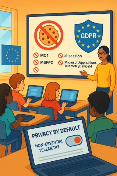 A teacher explains GDPR and privacy-by-default concepts to students using laptops.