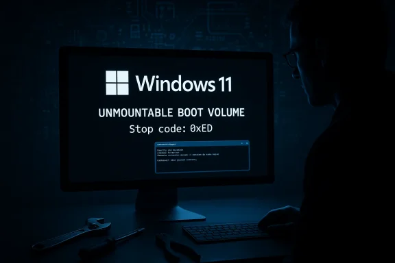 Windows 11 error screen: “Unmountable Boot Volume” with stop code 0xED.