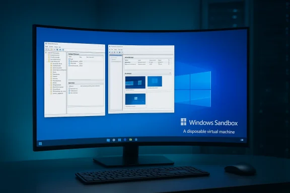 Curved monitor displaying Windows Sandbox on a blue Windows desktop.