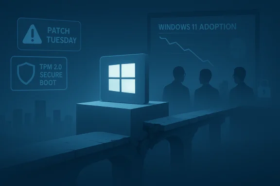 A glowing Windows logo cube on a pedestal in a blue security briefing featuring Patch Tuesday and Windows 11 adoption.