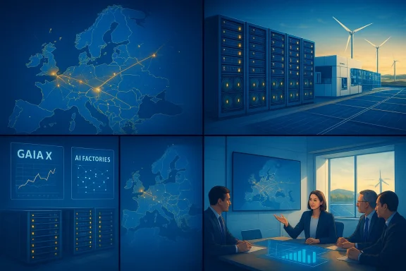 Blue-toned data center with a glowing world-map network as a team analyzes holographic AI data.
