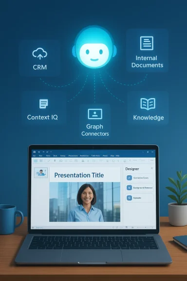 Laptop on a desk shows an AI assistant dashboard with CRM, internal documents, and knowledge icons.