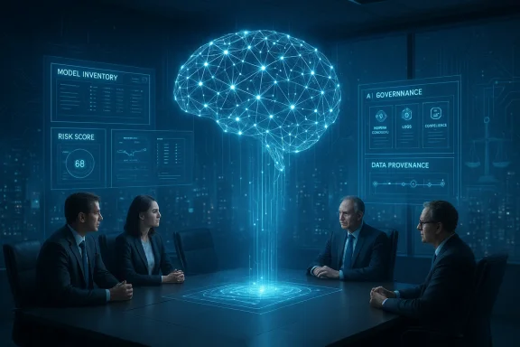 Four executives sit around a table as a glowing neural network hologram hovers above in a futuristic boardroom.