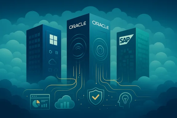 Cloud data center featuring Oracle and SAP towers connected by glowing circuit lines.