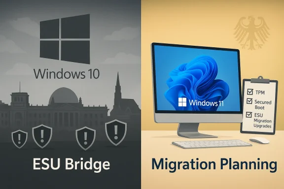 Split infographic: Windows 10 ESU Bridge on the left and Windows 11 migration planning on the right.