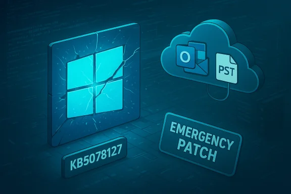 Cracked Windows tile with a cloud PST icon and an Emergency Patch sign. Cracked Windows tile with a cloud PST icon and an Emergency Patch sign.