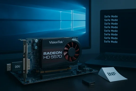 VisionTek Radeon HD 5570 graphics card mounted on a motherboard against a Windows desktop backdrop.