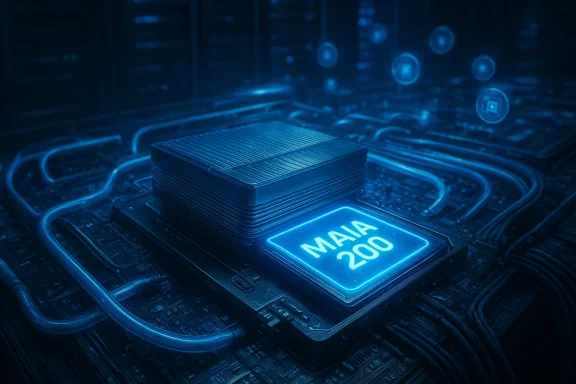 A glowing blue computer chip labeled MAIA 200 sits on a circuitry-filled motherboard.