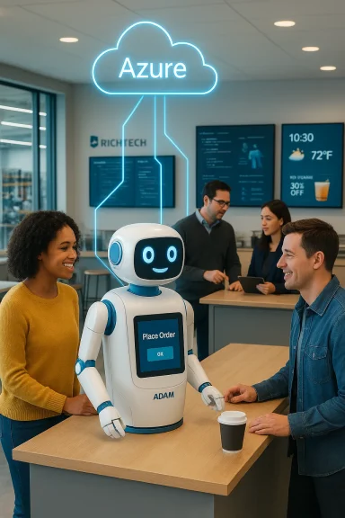 A friendly robot named Adam helps customers place orders in a cafe beside an Azure cloud sign.