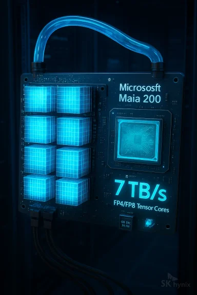 Blue-lit Microsoft Maia 200 tensor-core accelerator module in a data center.