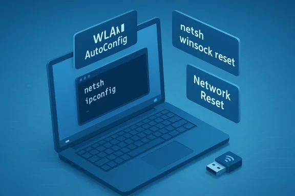 Blue 3D laptop with floating network-reset commands (netsh, ipconfig, WLAN AutoConfig).