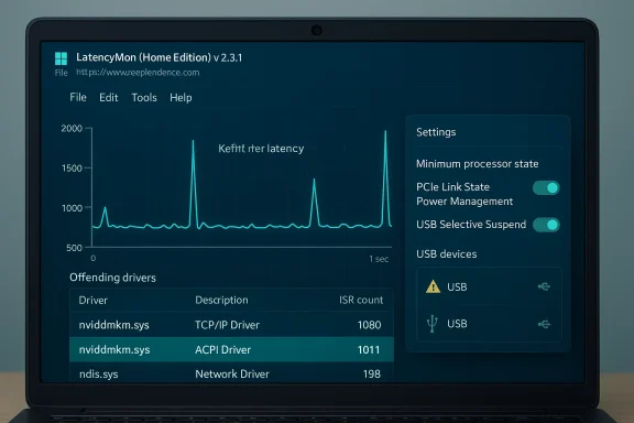 Laptop screen running LatencyMon with a latency graph and driver table.