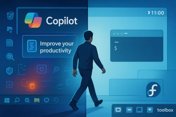 A person walks between two glowing screens showcasing Copilot and productivity tools.
