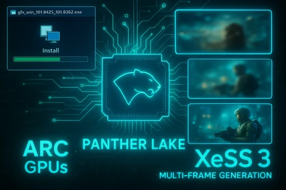 Futuristic neon UI showing ARC GPUs with Panther Lake and XeSS 3, plus an install progress window.