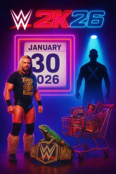 Neon WWE 2K26 promo: a wrestler beside a lizard on the belt and a toy-filled shopping cart.
