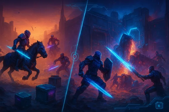 Armored warriors clash with glowing blue swords on a fiery ruined battleground.