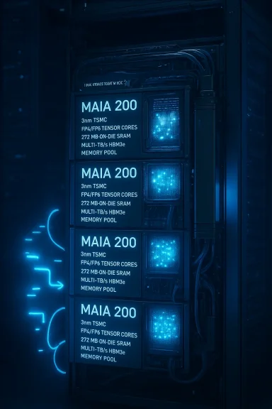 Blue-lit sci‑fi server rack labeled MAIA 200 with glowing circuitry. Blue-lit sci‑fi server rack labeled MAIA 200 with glowing circuitry.