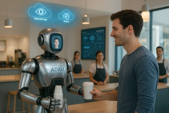 ADAM, a friendly robot, hands a coffee to a man at a modern cafe. ADAM, a friendly robot, hands a coffee to a man at a modern cafe.