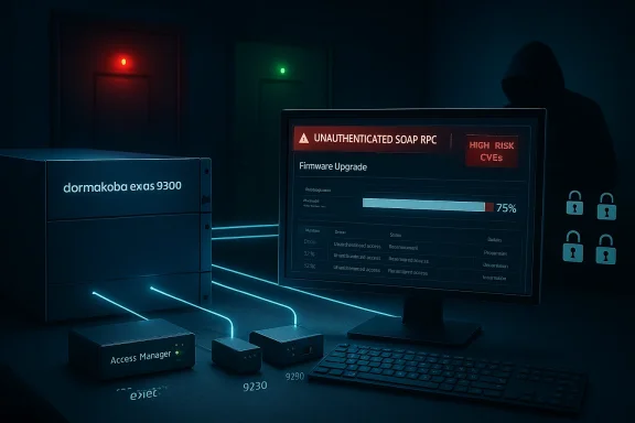 Hooded figure in a dark data center monitors an unauthenticated RPC firmware upgrade on a glowing screen.