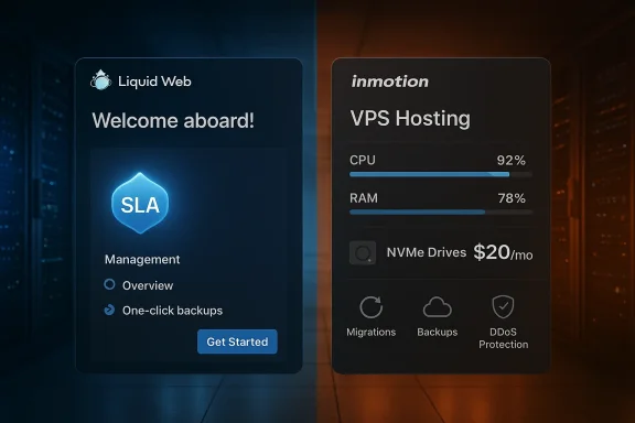 Side-by-side onboarding panels for Liquid Web and Inmotion VPS hosting.